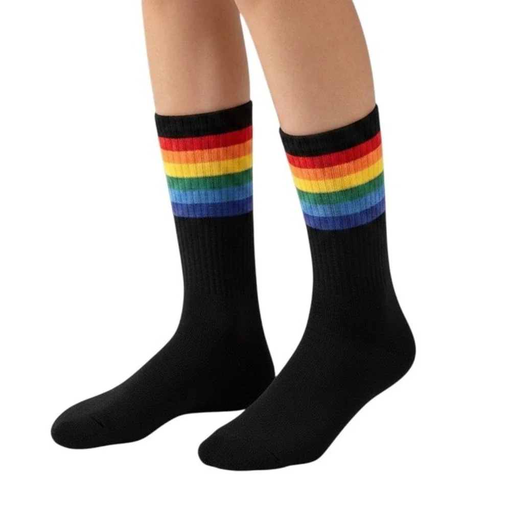 New Black Rainbow Stripe Crew Socks Ribbed Retro Skater Y2K Pride Tube